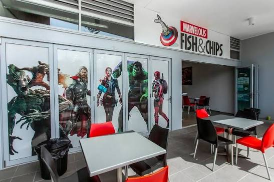 Interior with comic-themed decor